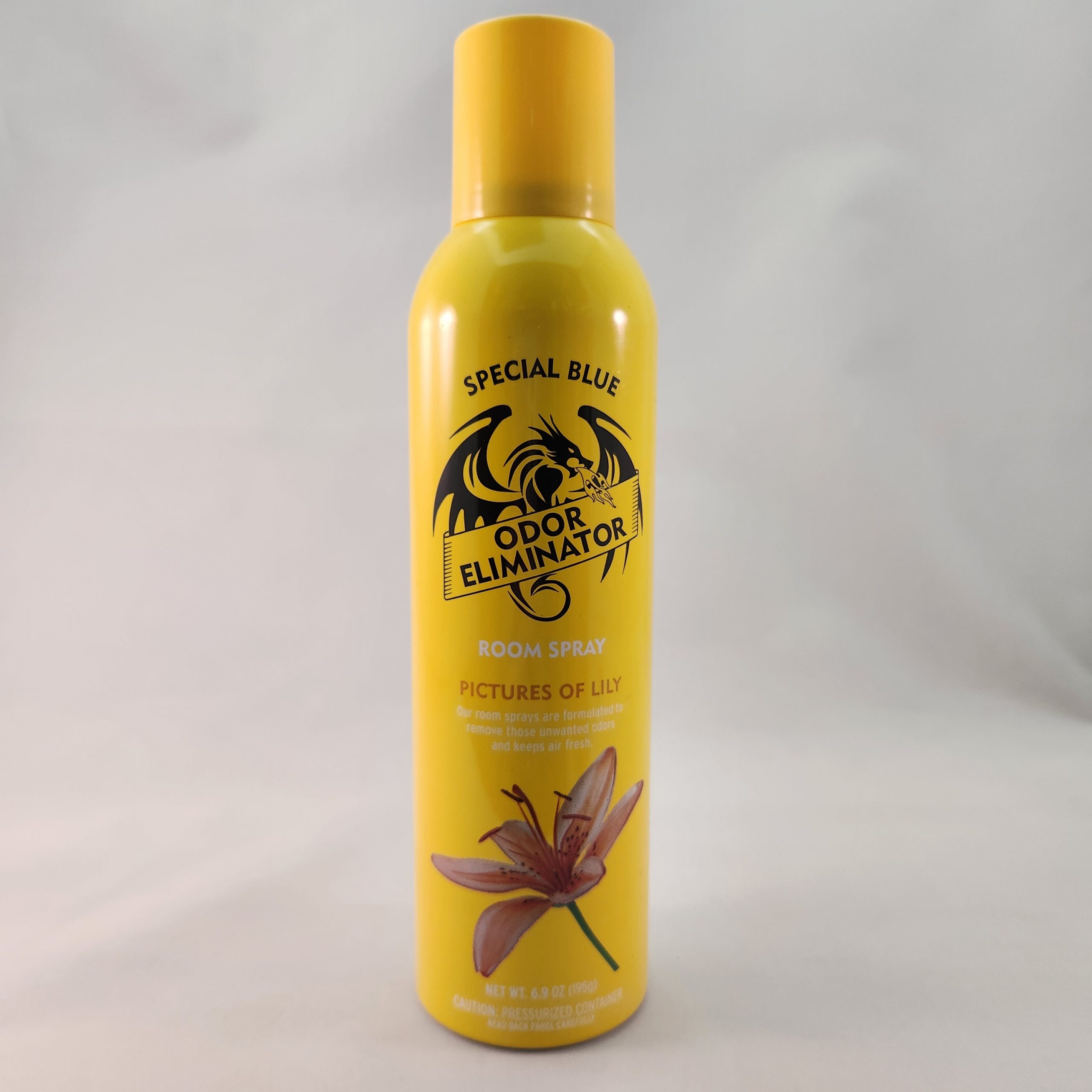 yellow aerosol can reading Special Blue Odor Eliminator Room Spray against a white background